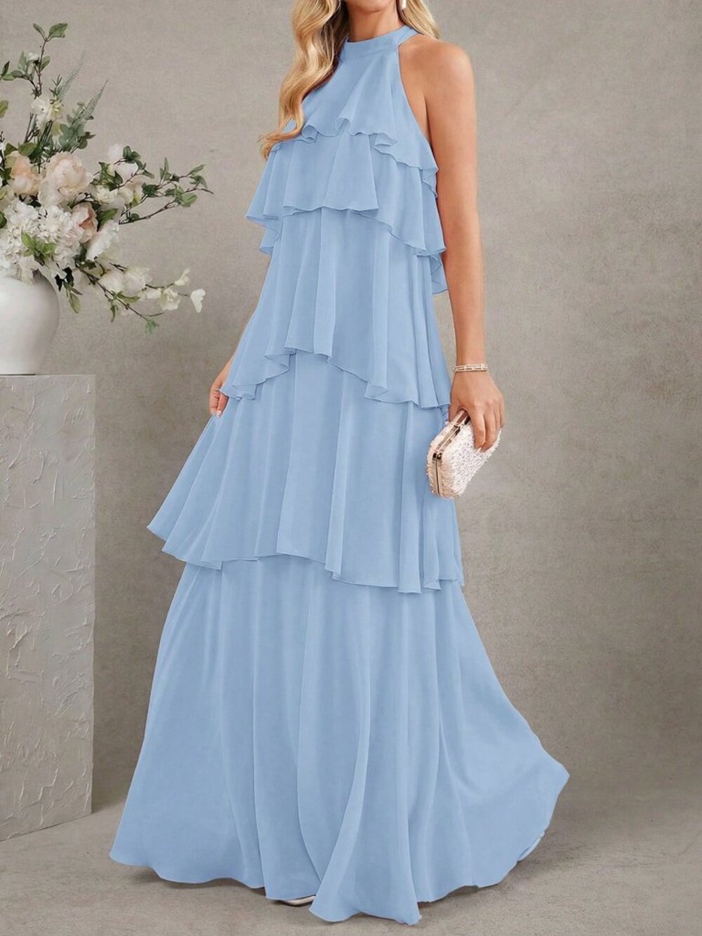 Baby Blue Casual Women's Halter Neck Ruffle Dress - Picture 3 of 9